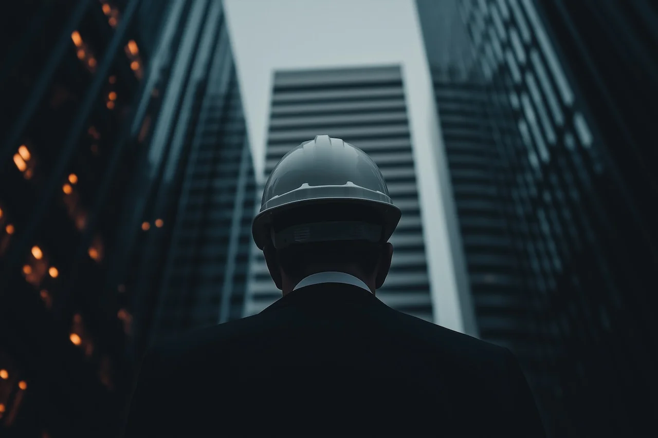 Mare Recruiting & Marketing - eine Person, die einen Schutzhelm trägt und vor hohen Gebäuden steht